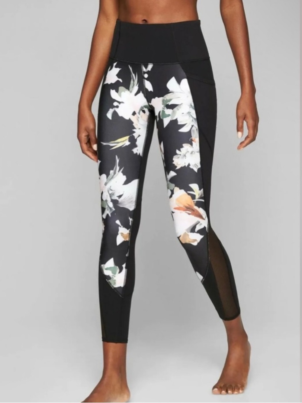 Athleta Floral Black Blossom Intuition Mesh Leggings Pants Black White Sz XS